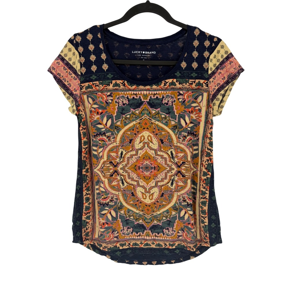Lucky Brand Women Small Navy Blue Boho Medallion Floral Print Short Sleeve Top‎